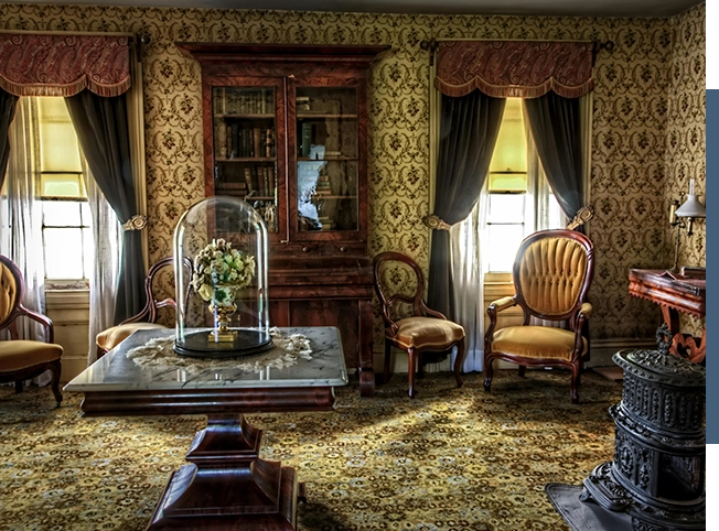 Come explore the ornate room filled with chairs and a table, where you may discover your treasure.